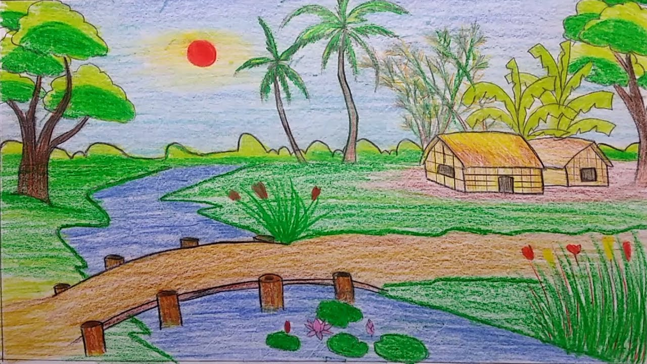 رسم منظر طبيعي سهل للاطفال - اجمل الرسومات الخاصة بالاطفال Beautiful Nature Drawing For Kids Beautiful Village Scenery Drawing Tutorial For Kids By Oil Pastel